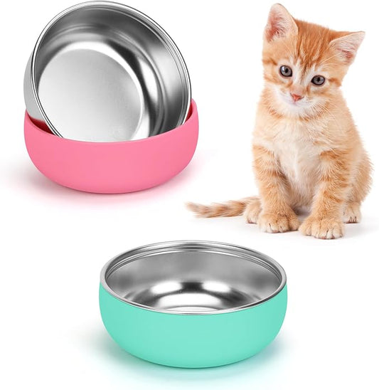 Non-Slip Stainless Steel Cat Bowls, 2 Pack Cat Dishes for Food and Water with Detachable Colorful Silicone Anti-Slip Bottom, 5 '' Wide Thick & Heavy Duty Metal Pet Bowls for Kitten, Cats and Puppy