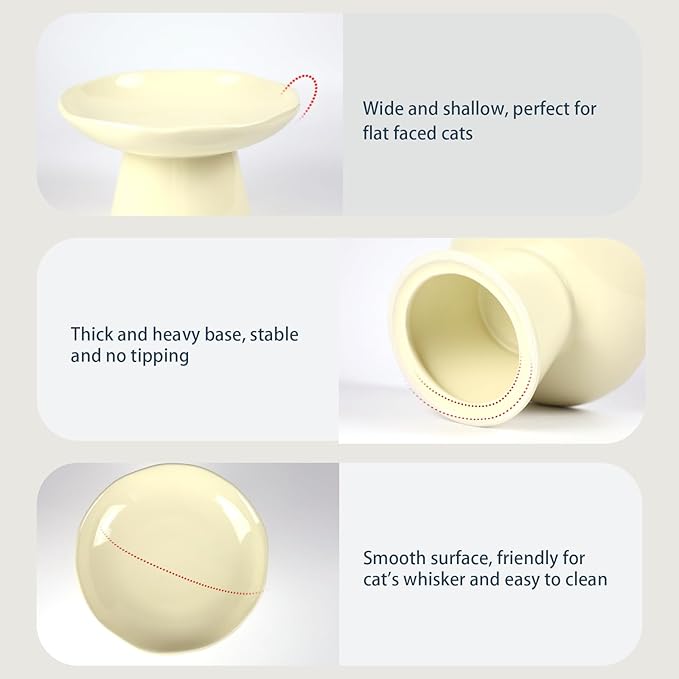 Wide Shallow 6.1" Raised Cat Bowls, Ceramic Elevated Food Plate for Flat Faced Cats and Small Dogs, Porcelain Feeder Bowl, Stress Free, Protect Cat’s Spine, Cream
