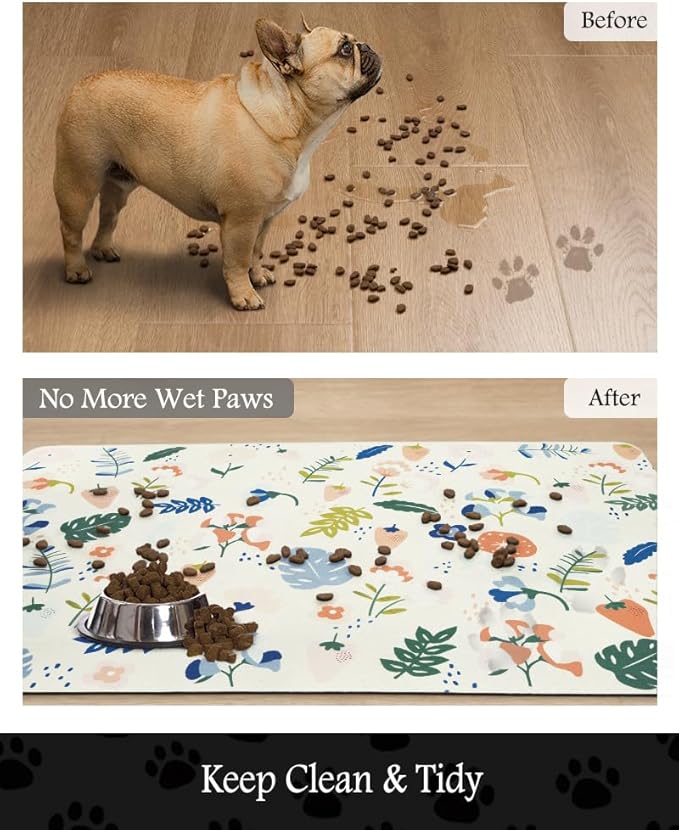 Pet Feeding Mat-Absorbent Dog Mat for Food and Water Bowl-No Stains Quick Dry Water Dispenser Mat-Dog Accessories Pet Supplies-Bowl for Messy Drinkers（LIGHTFLOWERS,16"x24"