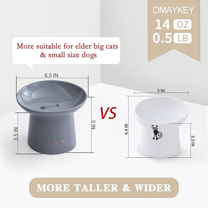OMAYKEY 6.5 Inch Extra Wide Ceramic Raised Cat Bowls, Upgraded Elevated Porcelain Cat Food Water Bowl Dish, Stress Free Pet Feeder Bowls Dishes for Elder Big Cats & Small Dogs, White & Grey