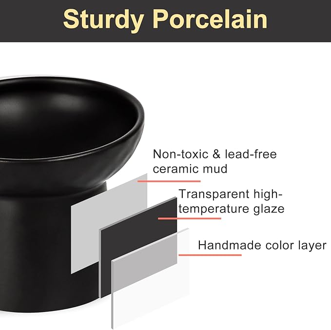 YauYik Raised Cat Bowl Black, Elevated Cat Food Bowls with Tilted Angle, Stress Free, Anti Vomiting, Ceramic Water Bowl for Cats Small Dogs Feeding Dish, 8 Ounces