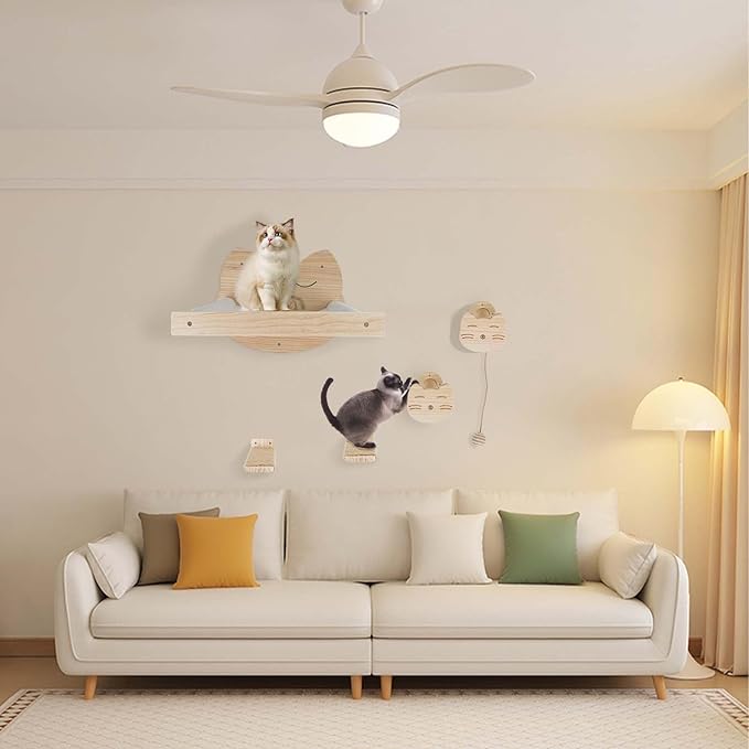 Cat Wall Shelves with 4 Step Scratch Post & Hammock Bed Wooden Floating Climbing Furniture for Sleeping and Playing Indoor Cat Climbing Shelf Corner Shelf Perches Support 20 LBS