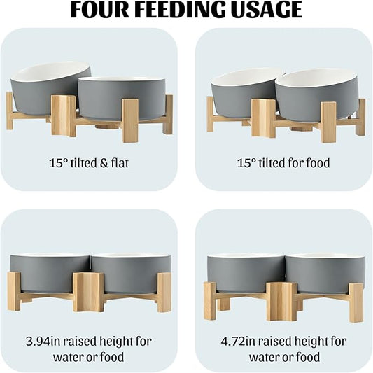 SPUNKYJUNKY 15° Slanted Ceramic Dog and Cat Bowl with Wooden Stand, Tilted Bulldog Food and Water Bowl No Slip Non-Spill for Cats Medium Dogs Big Face Pets 28.7 OZ (3.6 Cups, White-Grey × 2)