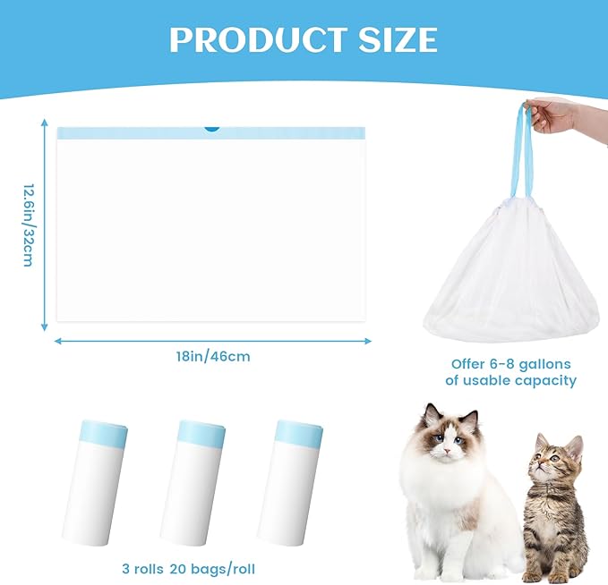 60 Count Self-Cleaning Cat Litter Box Liners Bag Compatible with Meowant MW-SC01/MW-SC02/MW-LR01, Heavy Duty Thick Drawstring Replacement Cat Litter Bags Self Cleaning Litter Box Bags 18 * 12"