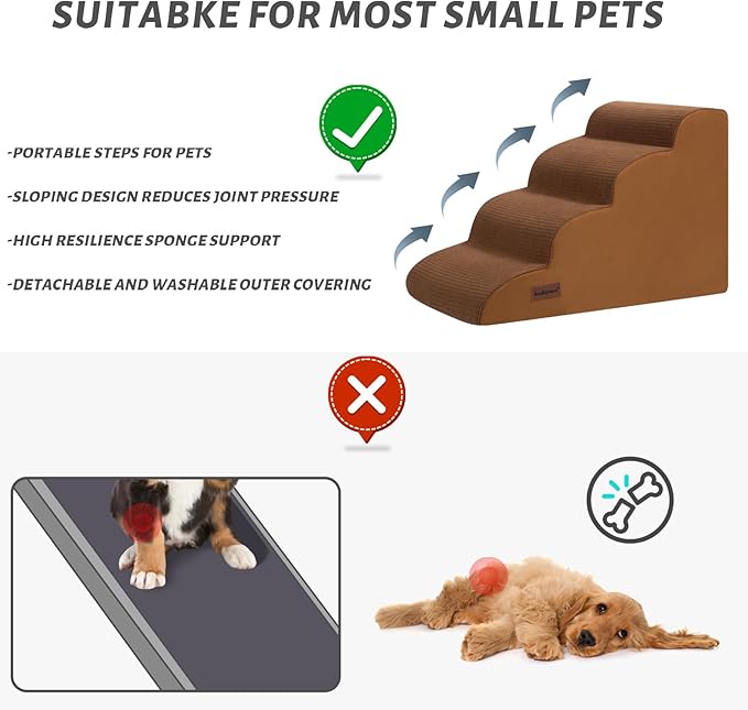 4-Step Dog Stairs and Ramp for Beds or Couches – Non-Slip Sturdy Pet Steps for Small Dogs and Cats,17.4" H,Brown