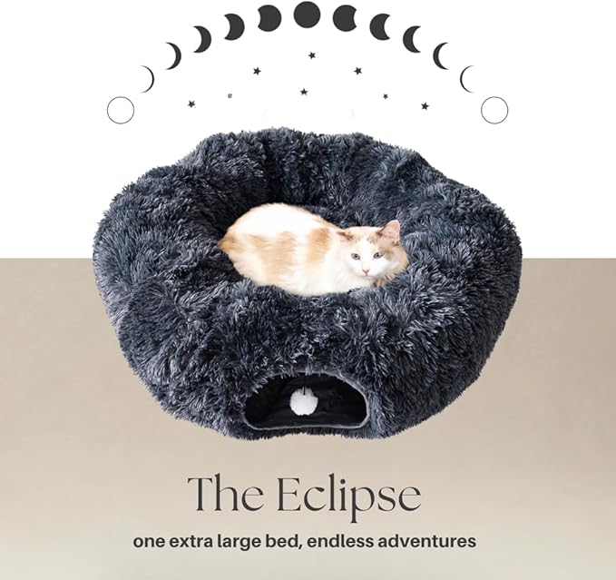 Cat Tunnels for Indoor Cats Large – Fluffy Donut Tunnel Bed with Soft Mat & Plush Toy – Peekaboo Cat Cave Bed for Napping & Play – Dark Gray, The Cat Park
