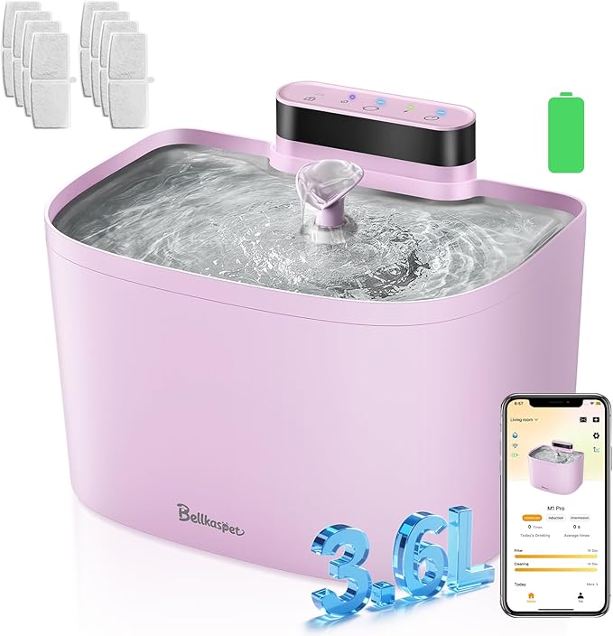 Cat Water Fountain, App Control Cat Fountain, 122oz/3.6L Pumpless Water Fountains for Cats Indoor with Stainless Steel Tray, Wi-Fi Dog and Pet Water Fountain (Pink, Fountain+8 Fliters)