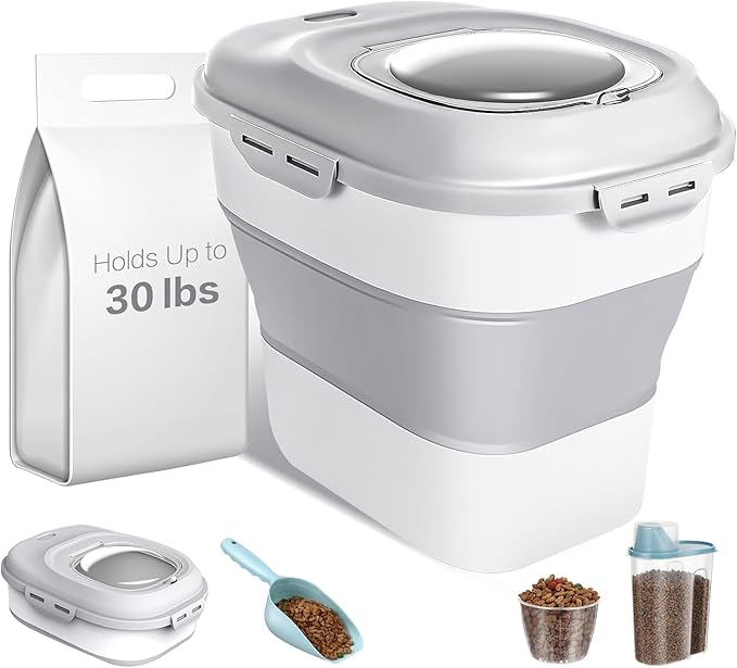 ANVS Dog Food Storage Container - Collapsible Dog Food Container with Airtight Lids, Scoop and 2.5L Small Pet Food Storage Container Dry Food For Dog, Cat and Other Pet Food (Grey, 30lbs)