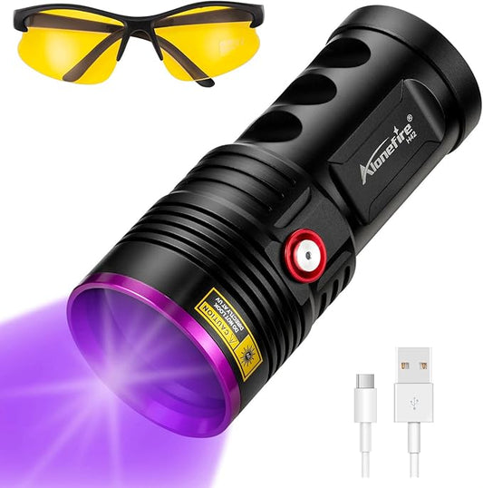 ALONEFIRE H42UV 36W 365nm UV Flashlight USB Rechargeable Ultraviolet Blacklight Torch Pet Urine Detector for Resin Curing, Fishing, Scorpion with UV Protective Glasses, 4PCS Battery Included