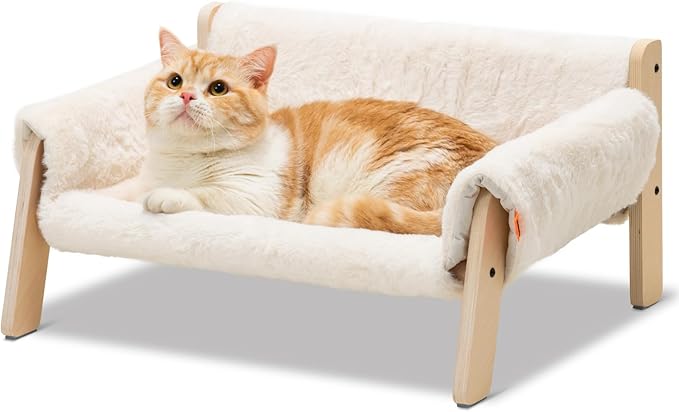 MEWOOFUN Cat Couch Bed, Pet Sofa for Indoor Cats Wooden Indoor Elevated Cat Beds with Removable Mattress Cover Suitable for Kitty, Puppy or Small Animal (White, Medium)