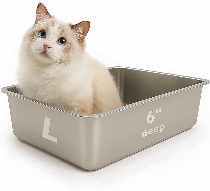 FELIO Stainless Steel Cat Litter Box - Large Metal High Side Litter Box, 23.4" L×15.5" W×5.9" H, Splash-Proof and Non-Stick Cat Poop Box odorless, Easy to Clean for Big Cats, Rabbit, Dog, Ferret