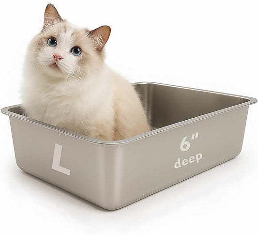 FELIO Stainless Steel Cat Litter Box - Large Metal High Side Litter Box, 23.4" L×15.5" W×5.9" H, Splash-Proof and Non-Stick Cat Poop Box odorless, Easy to Clean for Big Cats, Rabbit, Dog, Ferret