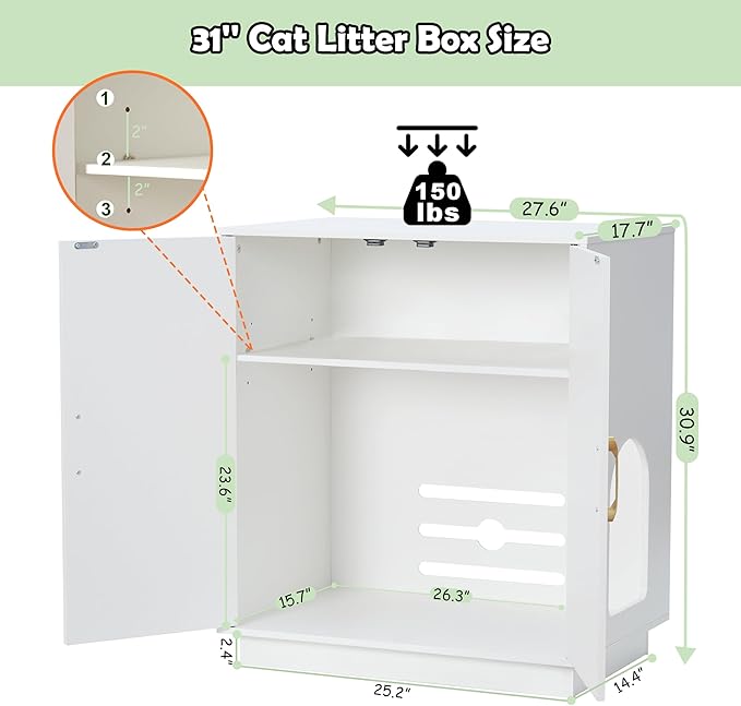 Litter Box Enclosure, 30.9'' High Large Litter Box Furniture, Modern Cat Litter Box Enclosure with Hidden Storage, Side Table, End Table, White GCLB003WT