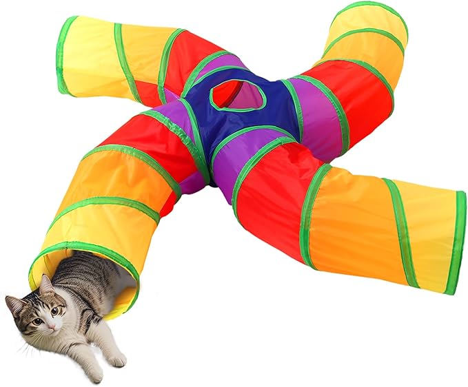 ‌Coolcandy Cat Tunnel & Interactive Cat Toy Indoor, Curved 4 Way Tunnel Toys for Indoor Cats, Collapsible Interactive Peekaboo Cave with Play Ball, for Multi-Way Play & Small Animals