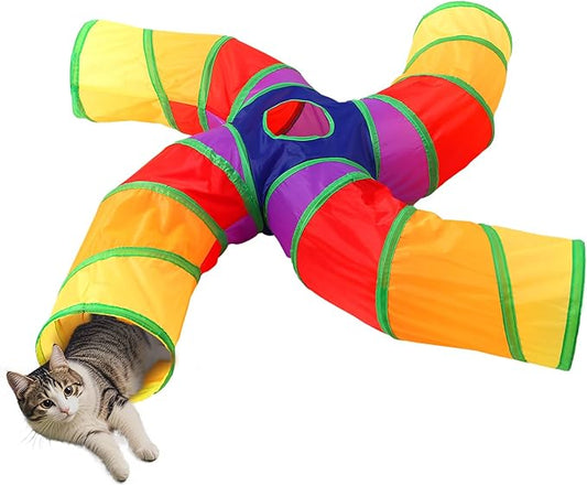 ‌Coolcandy Cat Tunnel & Interactive Cat Toy Indoor, Curved 4 Way Tunnel Toys for Indoor Cats, Collapsible Interactive Peekaboo Cave with Play Ball, for Multi-Way Play & Small Animals