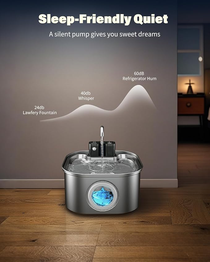 Wireless Cat Water Fountain Stainless Steel, 3.2L/108oz Battery Operated Pet Fountain with 3 Modes, Cordless Pet Water Dispenser for Cats and Dogs