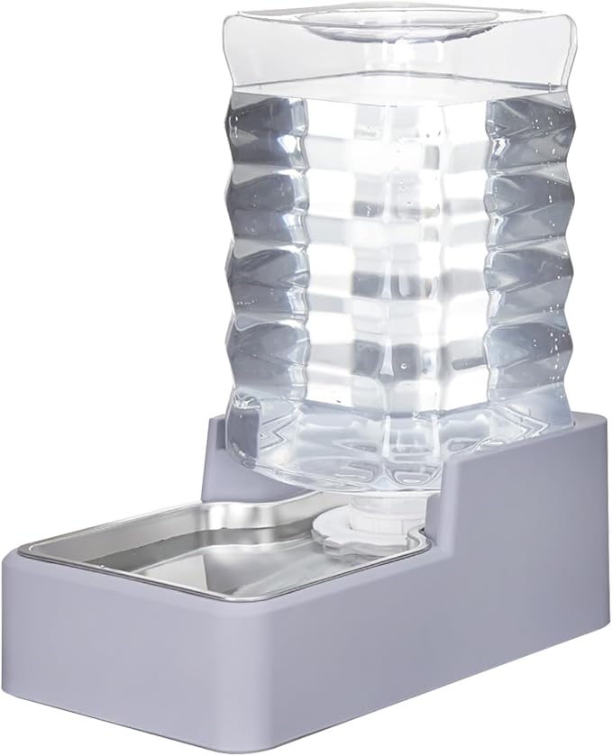 Automatic Pet Water Dispenser: 8L Light Gray Gravity Feeder with Stainless Steel Bowl - BPA-Free for Dogs Cats - No Spill Design