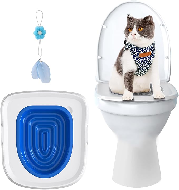 Cat Toilet Training Systems,Cat Toilet Training Kit,Reusable Plastic Trainer for Pet Cleaning with 1 Replaceable Cat Feather Toy,Litter Boxes (Blue)