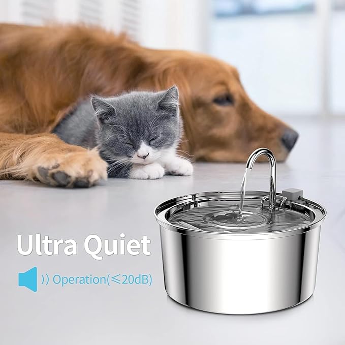 Tomxcute Cat Water Fountain Stainless Steel - 108oz/3.2L Cat Fountain for Drinking- Large Capacity Pet Water Fountain - Cat Feeding & Watering Supplies - Comes with 8 Replacement Filters