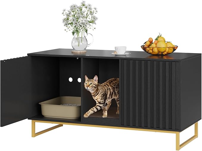 Cat Litter Box Enclosure for 2 Cats, 47.6’’ Litter Box Furniture Hidden with Scratch Pad, Double Room Large Cat Cabinet, Indoor Pet House TV Stand Side Table,Cats Washroom, Black