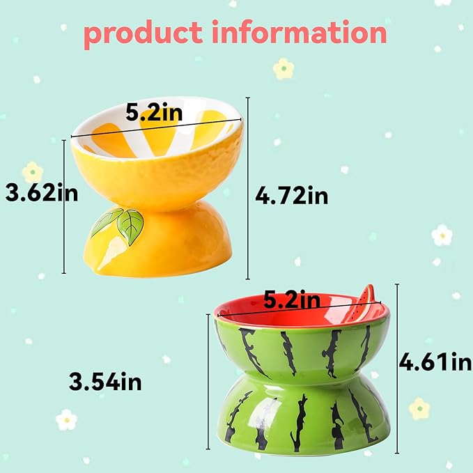 Hamiledyi Ceramic Raised Cat Bowl Anti Vomiting Elevated Tilted Cat Food & Water Bowls 2PCS Pet Feeder Dish for Indoor Kitty and Small Dogs (Watermelon & Lemon)