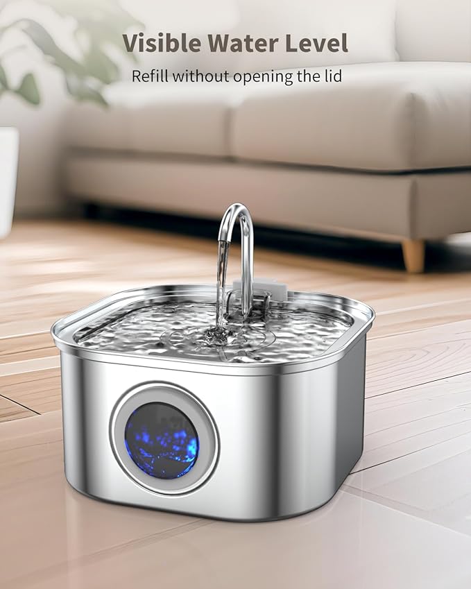 Cat Water Fountain Stainless Steel, 3.2L/108oz Cat Fountain with Large Water Level Window, Pet Water Dispenser with Quiet Pump Ideal for Cats, Dogs and Multi-pet households