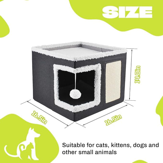Cat Bed for Indoor Cats Cube House,Large Covered Cat Beds Cave & Furniture with Fluffy Ball and Scratch Pad Foldable Hideaway Nest & Condo with Washable Mat for Kitten Kitty Small Pet(Grey)