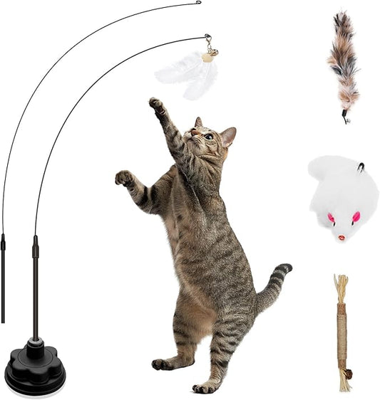 Suction Cup Cat Toys for Indoor Cats,3 in 1 Suction Cup Cat Toy,Interactive Simulation Cat Toy Set Self Play or Handheld,Feathers & Bells,Realistic Toy Mouse and Silvervine Sticks（Black）
