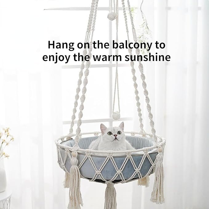 Cat Hammock, Handwoven Hanging Boho Cat Bed with Hanging Kit for Indoor Outdoor Home Decor Hang Cat Swing Beds with Cushion