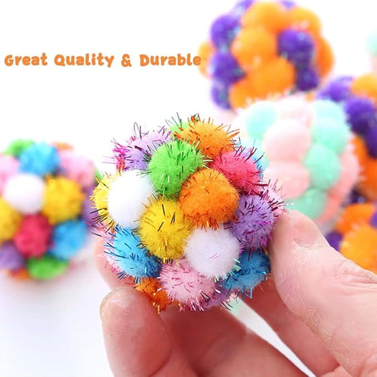 TUSATIY Cat Toys Ball with Bells 3PCS, Color Cat Pom Pom Balls,Tinsel Sparkle Balls,Interactive Toy for Indoor Cats Kitten