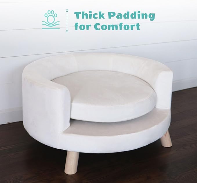 Critter Sitters 28-In. Elegant Circular Dog & Cat Sofa, Modern Elevated Pet Bed in Faux-Velvet White, Comfortable for Small to Medium-Sized Pets