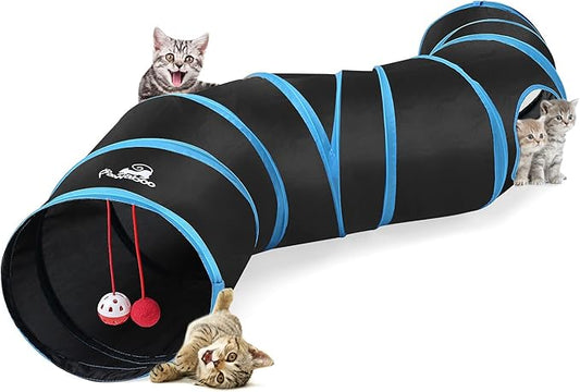 Pawaboo Cat Toys - S-Shaped Tunnels 25x97cm, Extensible Cat Play Tent with Balls and Bells, Interactive Maze House for Kittens and Small Animals, Blue