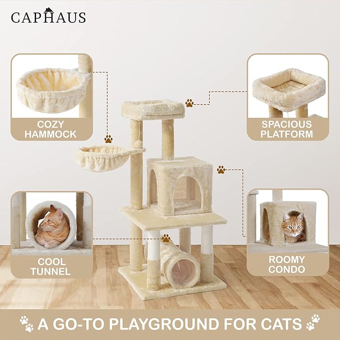 CAPHAUS Large Cat Tree with Scratching Posts, Cave Condo, 40-Inch Multi-Level Indoor Activity Structure with Basket for Cats, Modern Sisal Wrapped Design