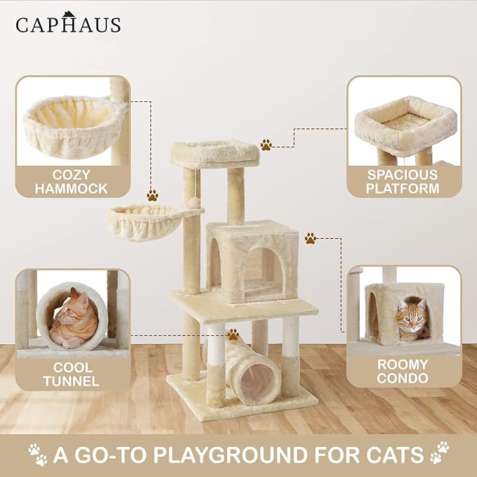 CAPHAUS Cat Tower for Indoor Cats, Modern Cute 40-Inch Small Cat Tree with Widened Perch for Large Cats Kittens, Multi-Level Cat Activity Tree with Scratching Posts, Tunnel, Basket, Cat Cave Condo