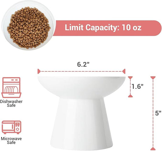 Extra Wide Elevated Ceramic Cat Bowl, 6.2" Shallow Dish for Whisker Fatigue Relief, 5" Height for Easy Feeding, Durable Raised Cat Food Bowls, Pack of 2, White