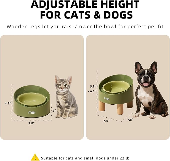 MS!MAKE SURE Cat Bowls, Adjustable Elevated Ceramic Cat Bowls with Anti-Slip Rubber Pad, Splash Guard, Lead & Cadmium Free, Whisker Friendly, for Puppies & Cats - 5.1" Wide, 295ML (10 oz), Green