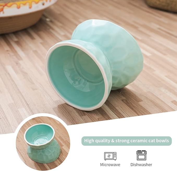 OMAYKEY Ceramic Raised Cat Bowls, Tilted Elevated Cat Food and Water Bowl Set, Porcelain Stress Free Pet Feeder Dish for Cats and Small Dogs, Dishwasher and Microwave Safe, White & Green, Set of 2