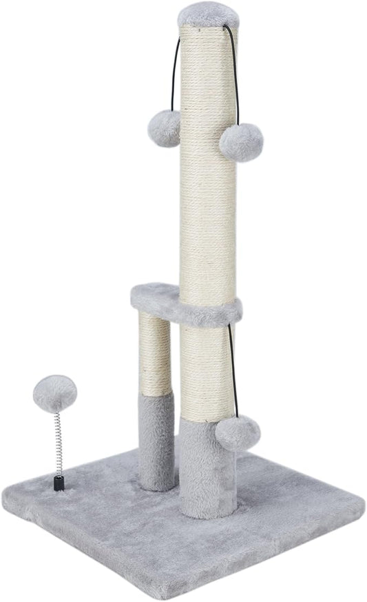 Dimaka Tall Cat Scratching Post, Double Lower Posts Extra Stable Cat Post Tree Scratcher with Sisal Rope and Teasing 4 Balls Total Large Base (Grey)