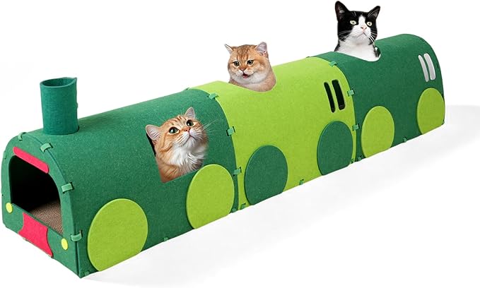 Cat Tunnel Train with Scratching Board, Cat Interactive Toys 51" Non-Foldable Rebound Felt Cute Pet Tube Round Indoor Pet Toy & Hideout for Small Medium Kitten
