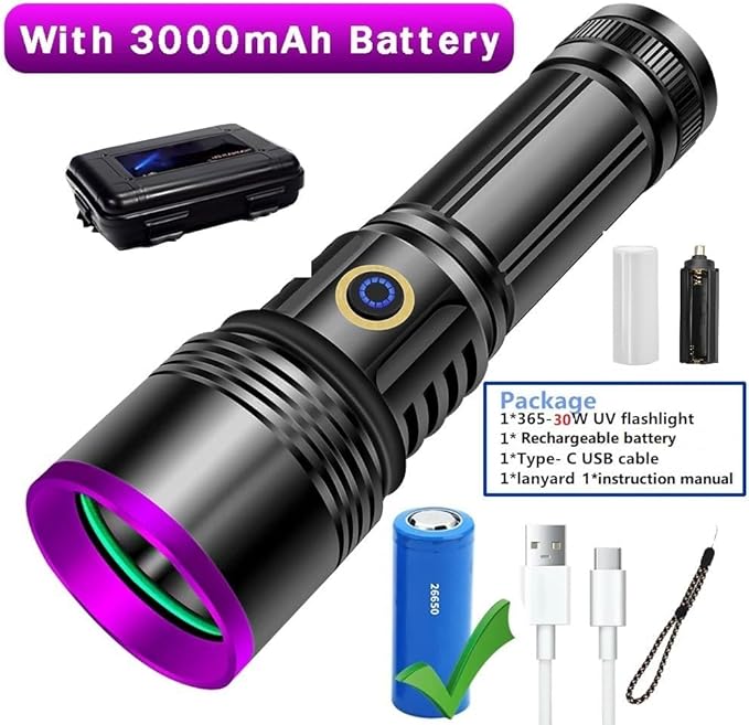 30W 365nm UV Flashlight USB Rechargeable UV Light High Power Black Light Flashlight for Pet Urine Detection, Resin Curing, Minerals, Blood tracking, Scorpion, Rockhounding,Yooperlites,A/C Leak Detect