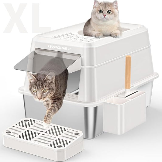URPOWER Stainless Steel Cat Litter Box with Lid Extra Large Enclosed Litter Box for Cats Non-Sticky Metal Pan with High Sided Enclosure & Scoop, Front & Top Entry, Anti-Leakage, Easy Cleaning