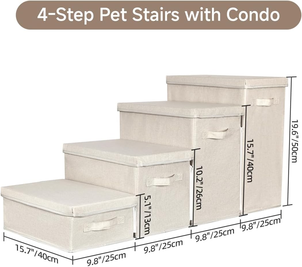 Dog Stairs with Storage, 4-Step Folding Pet Steps for Small Dogs and Cats, Pet Steps Storage with Zip, Pet Stairs for High Bed, Couch and Car Ramp (Beige, 4 Steps no Condo)