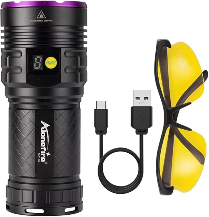 ALONEFIRE SV118 365nm UV Flashlight 80W Powerful Blacklight Digital Display USB C Rechargeable Black Light for Pet Urine Detector, Scorpion, Resin, Bed Bug, Fishing with UV Protective Glasses, Battery