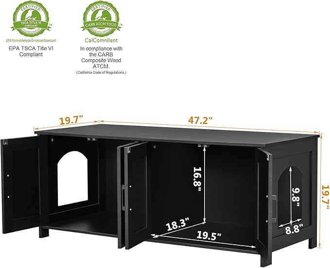 Homhedy Cat Litter Box Enclosure for 2 Cats, Litter Box Furniture Hidden with Double Room,Wooden Cat Washroom Furniture,Cat House,47.2”L x 19.7”W x 19.7”H,Black