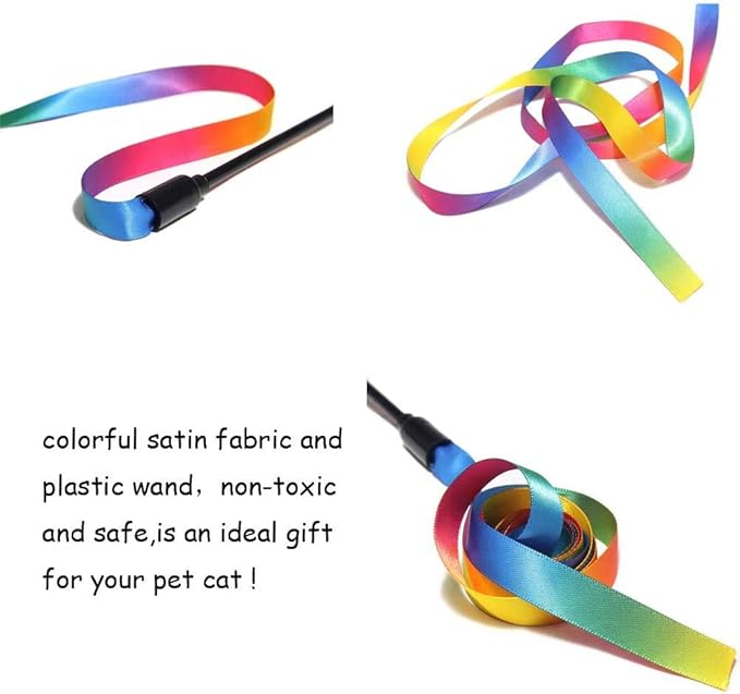 KABASI Cat Wand Rainbow Toy, 3 Styles Funny Interactive Cat Toys, Cuddly Stuffed Snake Toy on Stick with Bell, Colorful Sounding Toys, Rainbow Ribbon Wand for Kittens Training