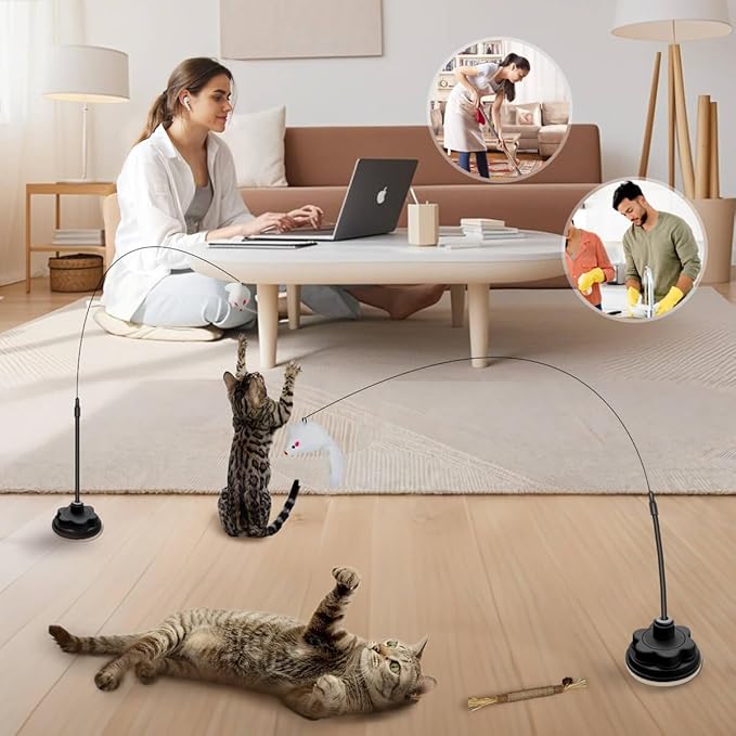 Suction Cup Cat Toys for Indoor Cats,3 in 1 Suction Cup Cat Toy,Interactive Simulation Cat Toy Set Self Play or Handheld,Feathers & Bells,Realistic Toy Mouse and Silvervine Sticks（Black）