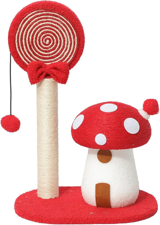 Doggie&Kittie Cat Scratching Post Cute Kitten Scratching Board Kitty Toys Mushroom Lollipop Cat Scratcher Furniture Cat Climber Climbing Tower for Indoor Cats Sisal Material (Red)