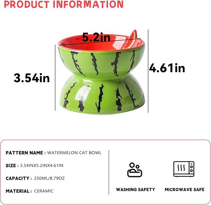 Hamiledyi Ceramic Raised Cat Bowl 5In Elevated Wide Cat Bowl for Food and Water Anti Vomiting Tilted Pet Feeder Dish for Indoor Cats and Small Dogs(Watermelon)
