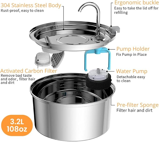 The KittySpout Stainless Steel Wireless Cat Water Fountain, 4L/108oz