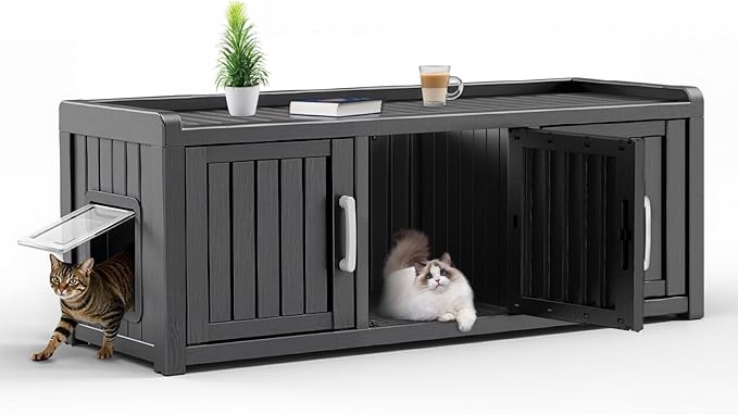 Cat Litter Box Enclosure Resin Hidden Cat Litter Box Furniture Multi Functional Three Door Spacious Odorless Waterproof UV Resistant Durable Indoor Outdoor Use Black